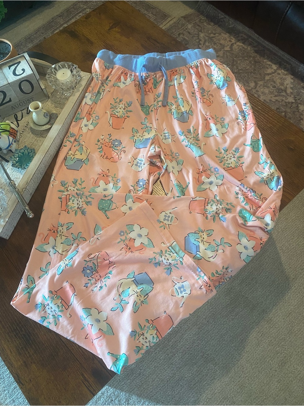 munki munki Peach Floral Pajama Pants with Blue Waistband